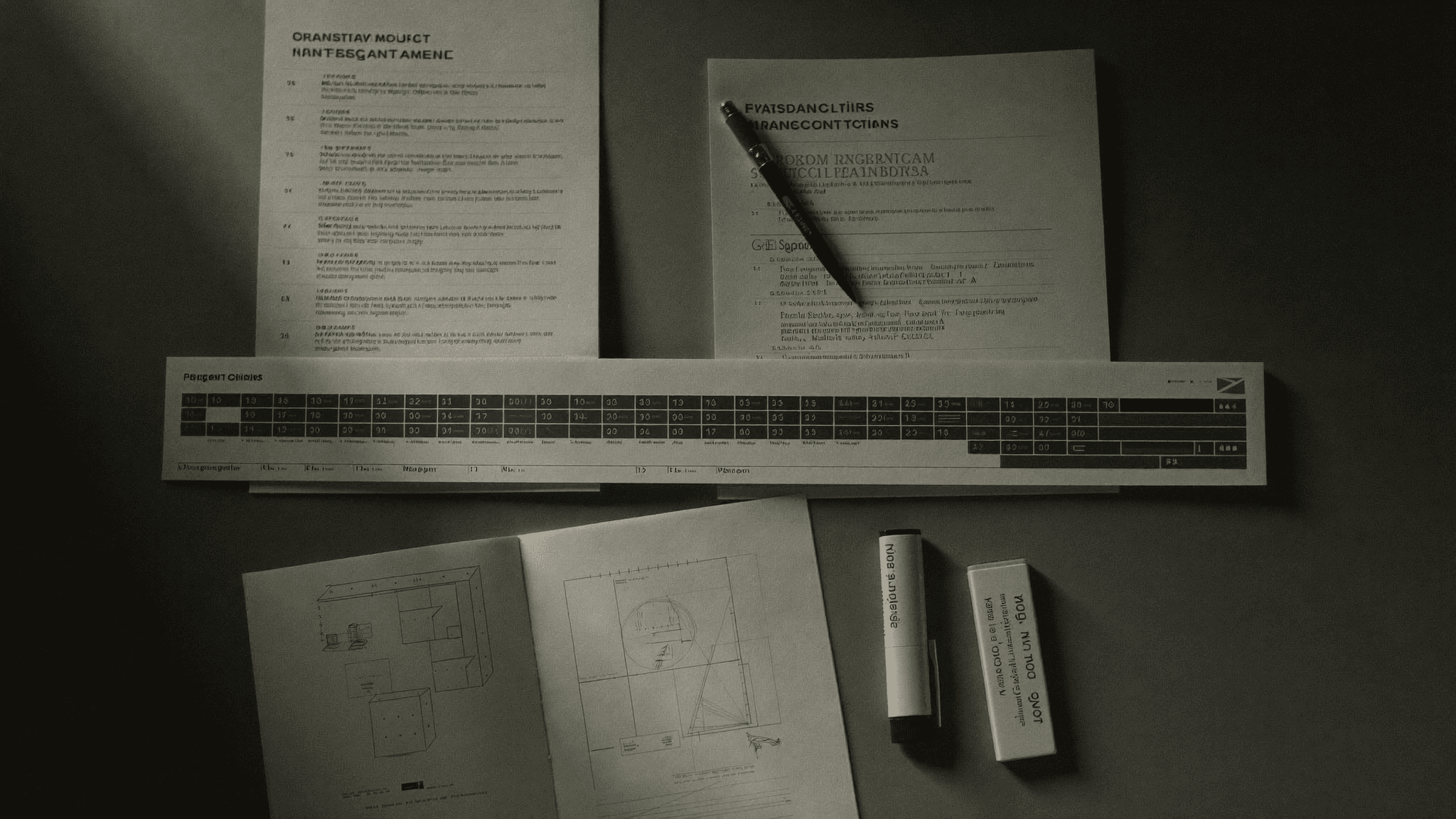 Printed contract pages and a bar-chart programme schedule on a desk