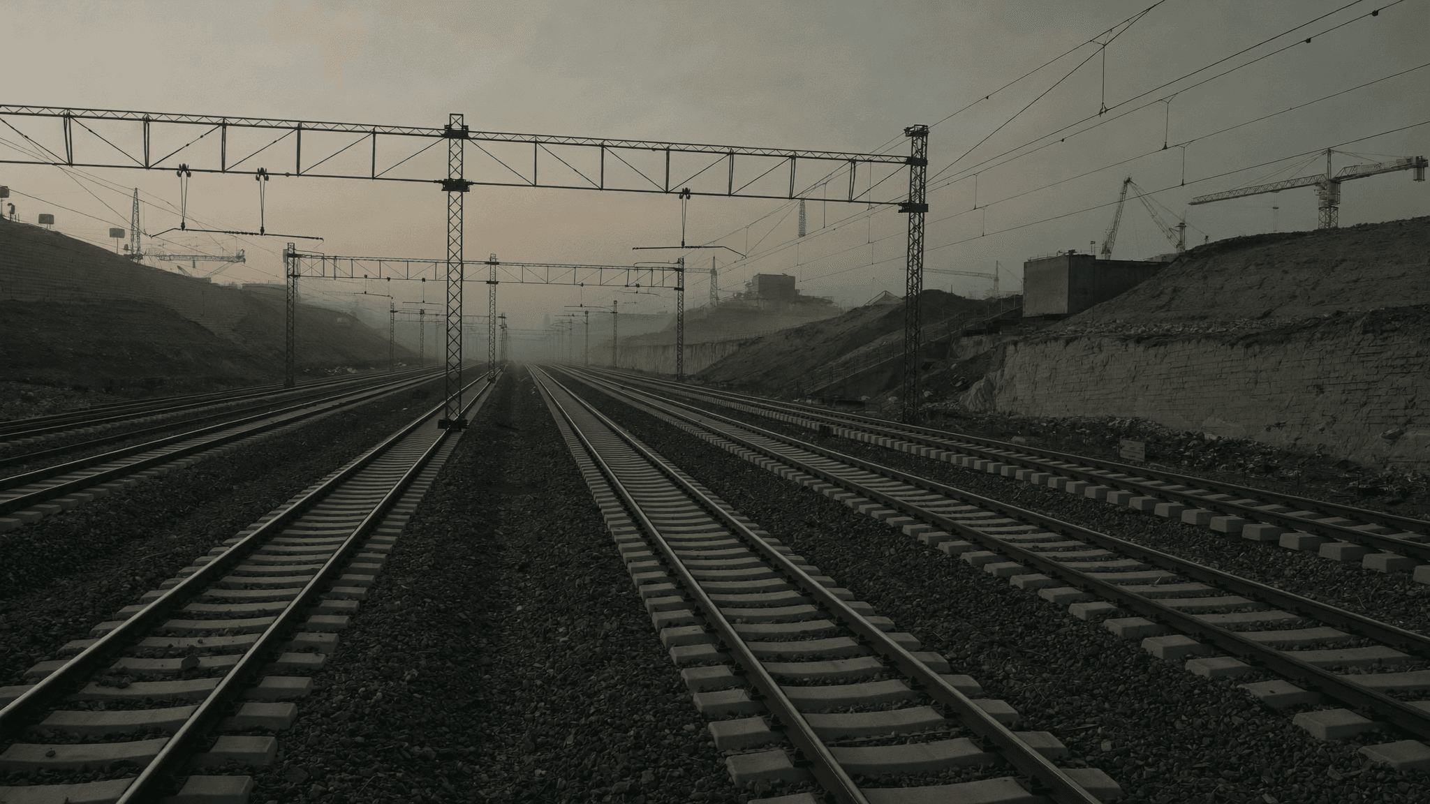 Railway under construction at dawn — freshly laid track, catenary gantries and formation works